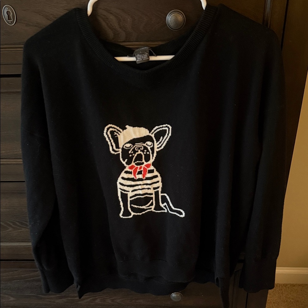 French Connection Black Cotton Sweater with Bulldog Design